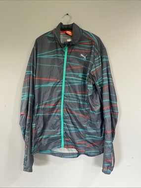 Puma Gray Windbreaker with Teal and Red Stripes Medium